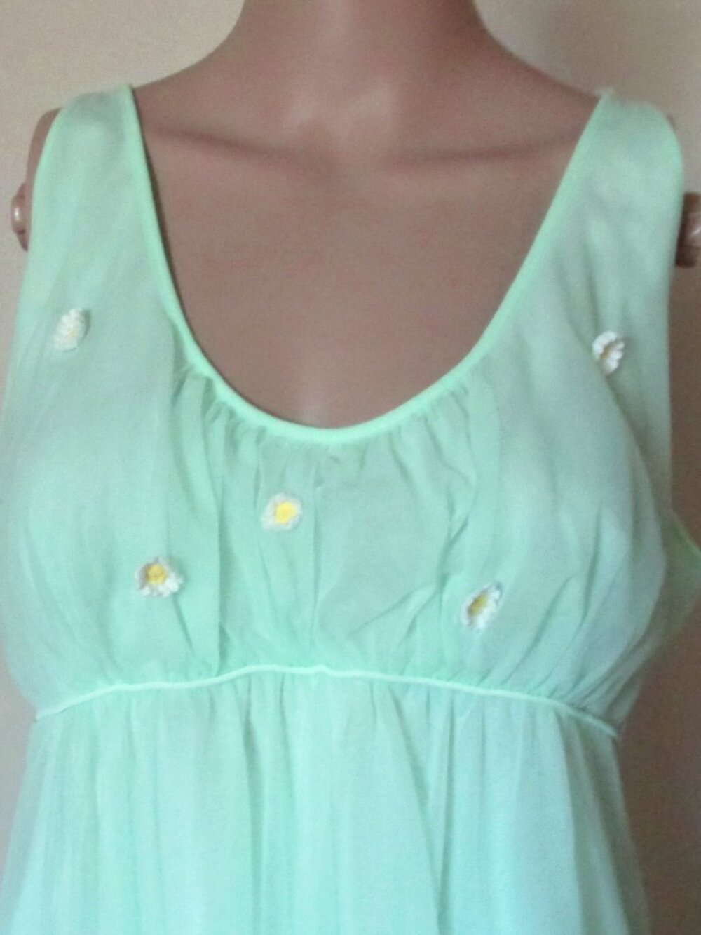 Vtg French Maid Nightgown Mint Green Size L Nylon Sheer Overlay